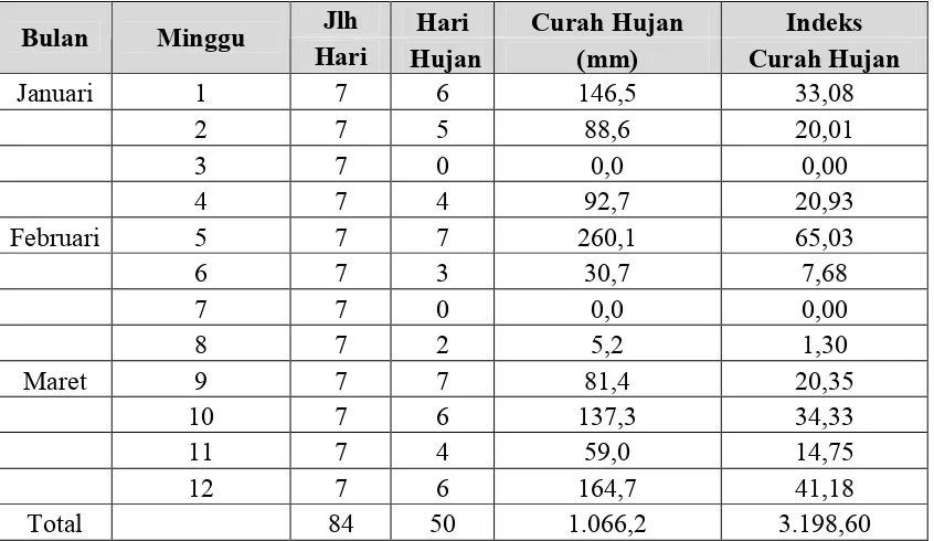 Tabel 3 Jumlah hari hujan, curah hujan dan indeks curah hujan per penangkapan di Kecamatan Bukit Batu bulan Januari-Maret 2008 