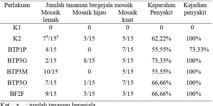 Tabel 3. Jumlah tanaman yang bergejala mosaik dan kejadian penyakit dalam uji induksi resistensi mentimun terhadap ZYMV menggunakan RPPT pada pengamatan ke-2 (14 HSI.)  