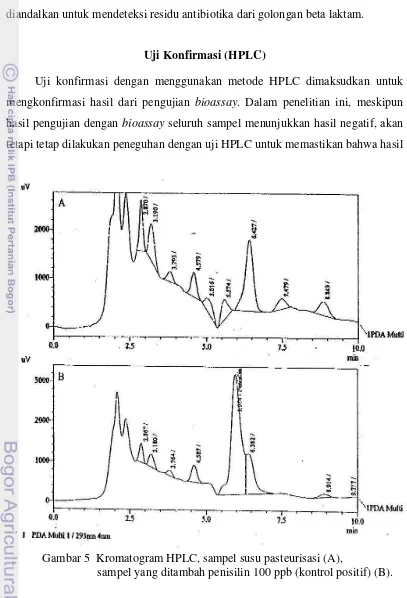 Gambar 5  Kromatogram HPLC, sampel susu pasteurisasi (A),  