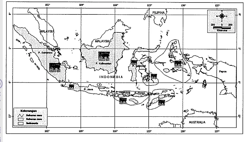 Gambar 1 Peta penyebaran rusa di Indonesia. (Schroder 1976). 