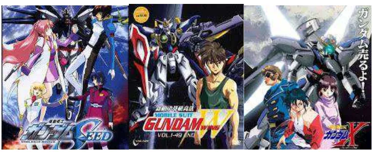 Gambar 1.2 Serial Anime Gundam: “(Sumber: http://www.kaskus.us/showthread.php?p=178053834&posted=1, 30 November 2012) Gundam Seed”, “Gundam Wing”, dan “Gundam X”  