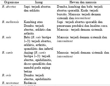 Tabel 2. Spesies Brucella, inang dan gejala klinis infeksi yang diakibatkannya 