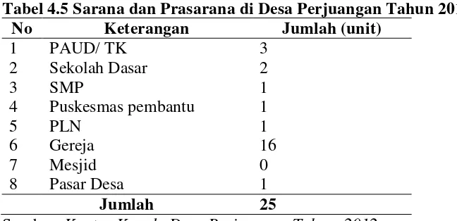 Tabel 4.5 Sarana dan Prasarana di Desa Perjuangan Tahun 2012. 