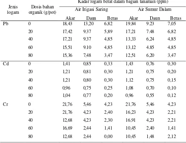 Tabel 11. Logam berat dalam akar, daun dan beras ekstrak HClO 4 + HNO 3  (Percobaan penggunaan bahan organik di rumah kaca)