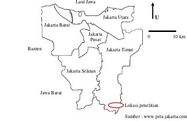 Gambar 1 Peta lokasi penelitian di Bumi Perkemahan Pramuka Cibubur, Jakarta 