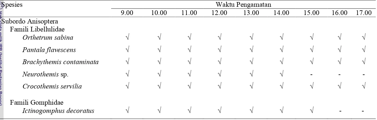 Tabel 5  Sebaran keberadaan spesies capung berdasarkan waktu pengamatan di taman Kafe Dedaunan dalam area Kebun Raya Bogor     Februari-Mei 2008