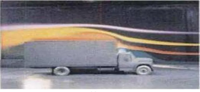 Figure 2.3:  Show smoke flow over the standard tractor-trailer (a) and modified 