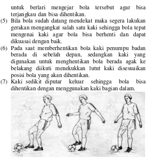 Gambar 5. Menghentikan bola dengan kaki bagian dalam.  (Muhyi Faruq, 2008:062).  