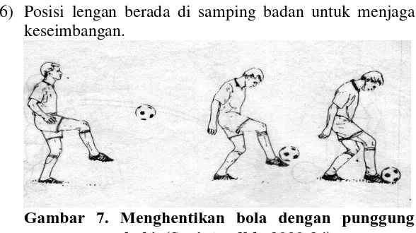 Gambar 8. Menghentikan bola dengan telapak kaki  (Sucipto, dkk 2000:25). 