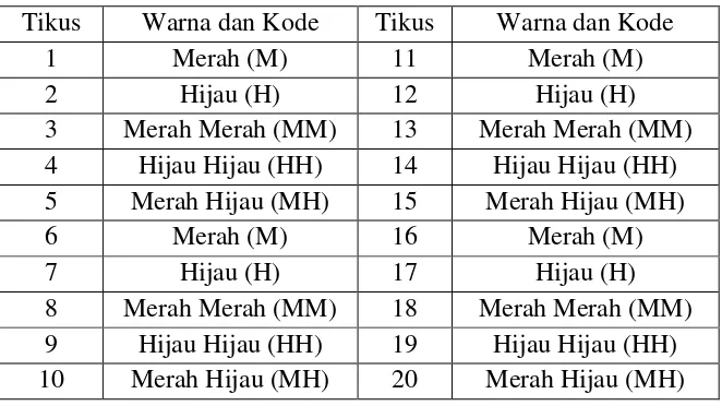 Tabel 3. Pembagian Warna pada Tikus Putih sebagai Teknik Melakukan Pemilihan Sampel 