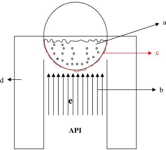 Gambar 6. Fenomena pemasakan air dalam boiler IKM (tampak depan) : (a) air dalam boiler, (b) aliran panas api, (c) luas permukaan pindah panas boiler, (d) tungku, (e) ruang pembakaran di tungku 