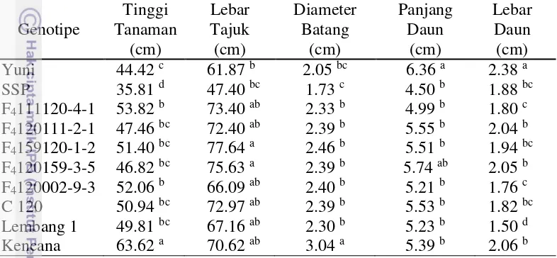 Tabel 3 Tinggi tanaman, lebar tajuk, diameter batang, panjang daun, dan lebar daun pada tujuh genotipe uji dan tiga varietas pembanding cabai keriting 