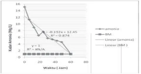 Gambar 3. Penurunan  Kadar Amonia  pada BTB selama 48 jam perlakuanyang dibandingkan dengan Baku Mutu Air Limbah Domestik