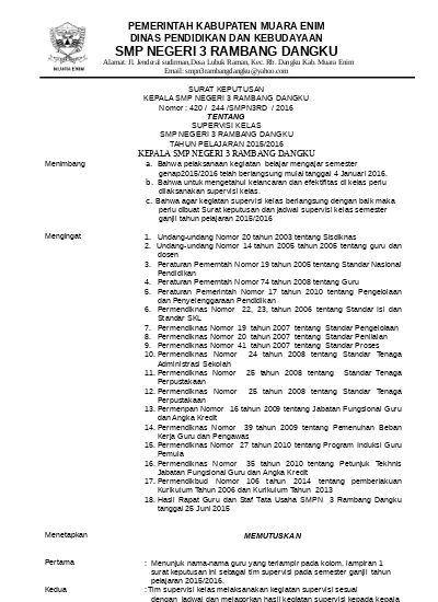 SURAT KEPUTUSAN KEPALA SMP TENTANG SUPERVISI KELAS SMP NEGERI 3 RAMBANG ...