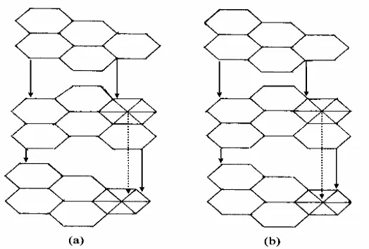 Gambar 6 Orientasi pelat-pelat karbon heksagonal pada (a) struktur arang aktif, dan                     (b) struktur grafit (Wigman 1986 dalam Pari 2004)