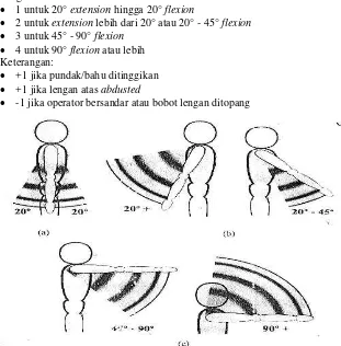 Gambar 1 Range pergerakan lengan atas, (a) postur alamiah, (b) postur extension dan flexion, (c) postur lengan atas flexion 