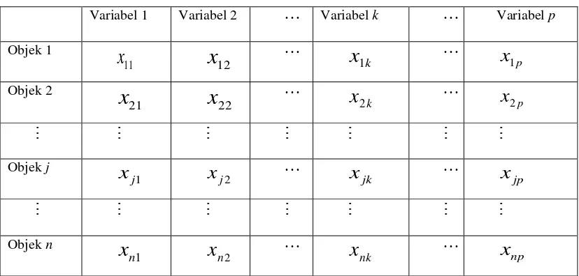 Tabel diatas dapat dinyatakan dalam bentuk matriks X dengan n baris dan p kolom 