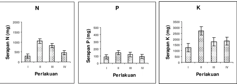 Gambar 8 Rata-rata serapan hara nitrogen (N), fosfor (P), dan kalium (K) tanaman jagung (± SE)