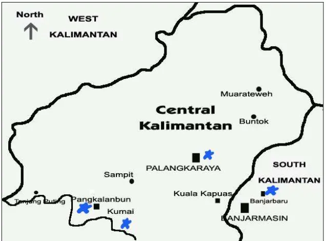 Figure 1. Map of West Sumatera and Central Kalimantan. Blue stars are places where the samples were collected in the origin habitat
