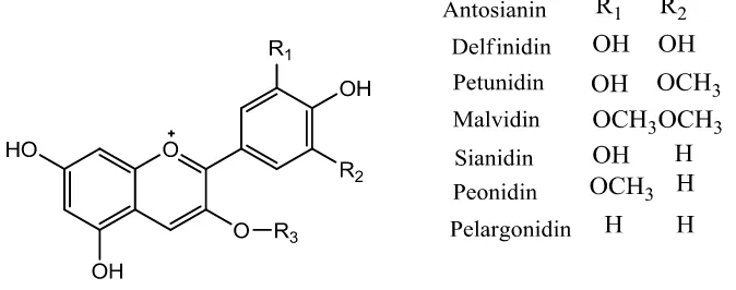 Gambar 5. Kerangka dasar antosianidin dan namanya dengan substituen yang berbeda. 