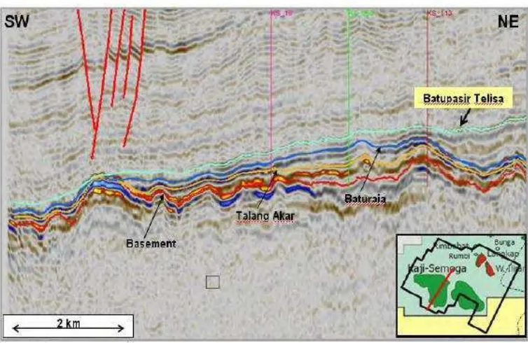 Gambar  6. Penampang seismik berarah SW-NW menunjukkan kondisi struktur 