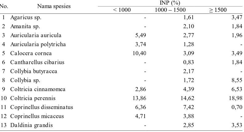Tabel 3. INP spesies jamur makroskopis yang ditemukan di Hutan Pendidikan USU pada  setiap kategori ketinggian tempat pengamatan  INP (%) 