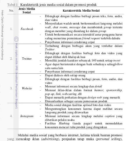 Tabel 1   Karakteristik jenis media sosial dalam promosi produk 