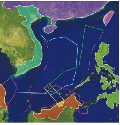 Gambar 1 : Peta Laut Cina Selatan didengan garis yang menandakan klaim wilayah masing 