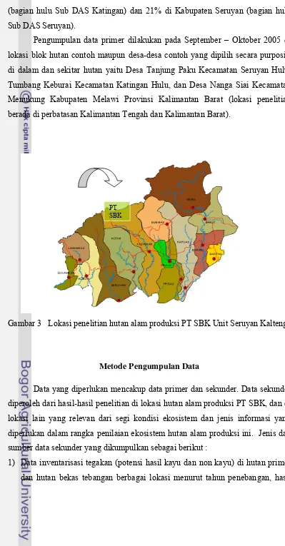 Gambar 3   Lokasi penelitian hutan alam produksi PT SBK Unit Seruyan Kalteng 
