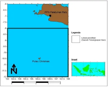 Gambar 1  Lokasi penelitian terletak di selatan Pulau Jawa. Lokasi pengamatan SPL terletak pada koordinat 103-108o BT dan 8-12o LS yang merupakan daerah penangkapan ikan