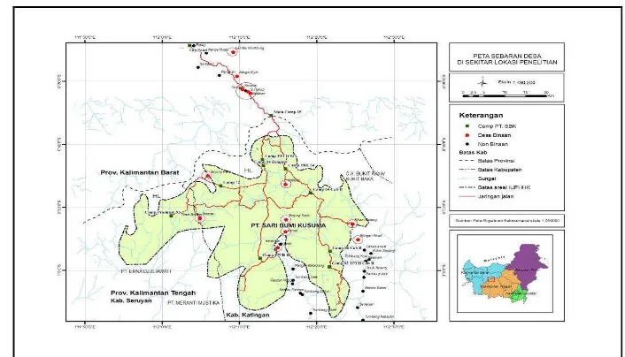 Gambar 7. Peta Sebaran Desa di Sekitar HPH PT Sari Bumi Kusuma
