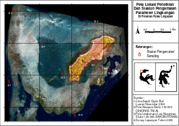 Gambar 2 Peta lokasi penelitian dan stasiun pengukuran data parameter lingkungan di Pulau Lingayan 