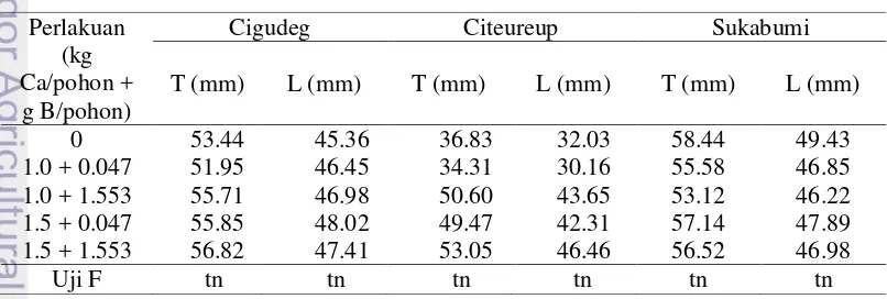 Tabel 4 Pengaruh aplikasi kalsium dan boron terhadap diameter transversal dan 