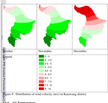 Figure 9.  Distribution of wind velocity (m/s) in Karawang district. 