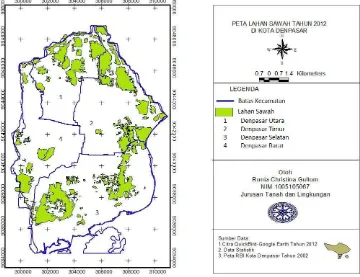 Tabel 1. Data  Luas Lahan Sawah Menurut Hasil BPS dan Hasil Analisis Citra Satelit   di Kota Denpasar 