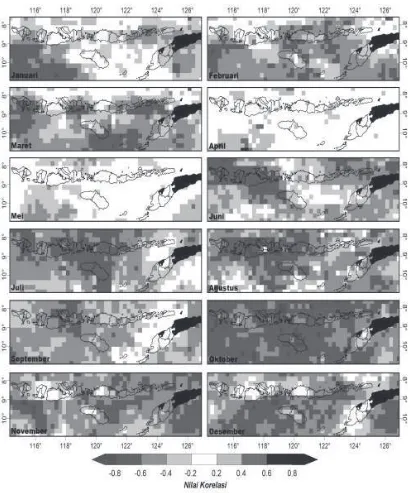 Gambar 3.  Pola spasial sebaran nilai korelasi antara SPI-6 dengan SOI indeksdi wilayah Bali Nusa Tenggara