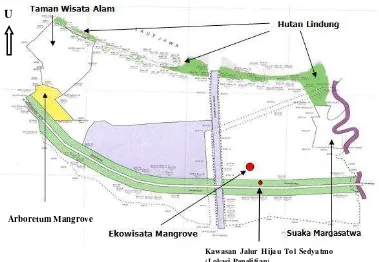 Gambar 1 Denah lokasi penelitian di Kawasan Hutan Angke Kapuk, DKI Jakarta 