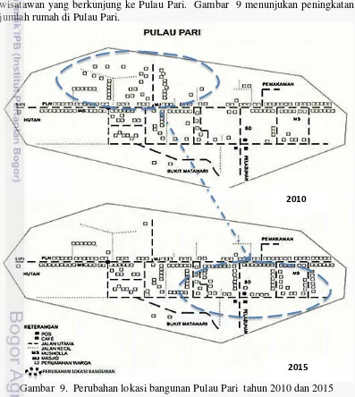 Gambar  9.  Perubahan lokasi bangunan Pulau Pari  tahun 2010 dan 2015 