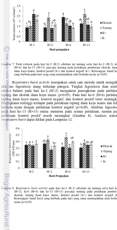 Gambar 7. Total eritrosit pada hari ke-2 (H-2) sebelum uji tantang serta hari ke-2 (H+2), ke-6 