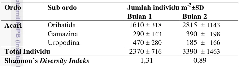 Tabel 1. Jumlah dan keanekaragaman acari di area tanaman menghasilkan (TM) 