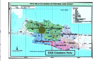 Gambar 3.3.  Gambar 3.2  Peta  wilayah DAS Cisadane dan wilayah sungai  Lokasi penelitian secara visual disajikan pada Gambar 3.2,  dan lainnya di Jawa Barat; Gambar 3.3 Peta Lokasi Penelitian dan banyaknya Perusahaan yang mengelola air permukaan di DAS Ci