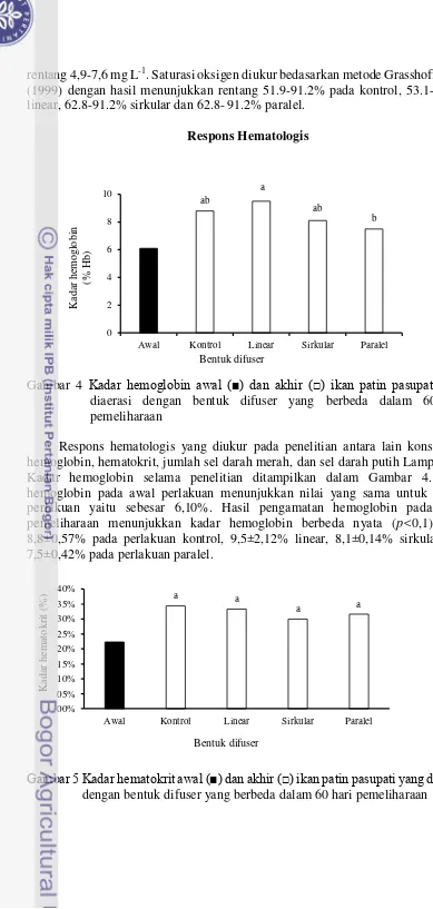 Gambar 4  Kadar hemoglobin awal (■) dan akhir (□) ikan patin pasupati yang 