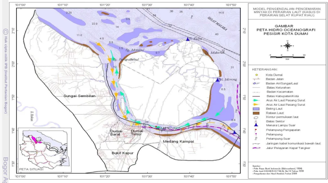 Gambar  11  Peta kondisi hidrooseanografi (arus dan kedalaman) di Perairan Selat Rupat