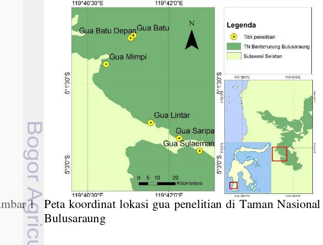 Gambar 1  Peta koordinat lokasi gua penelitian di Taman Nasional Bantimurung 