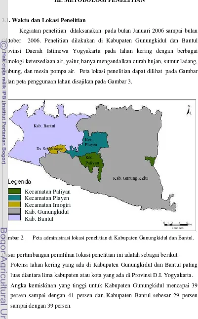 Gambar 2.  Peta administrasi lokasi penelitian di Kabupaten Gunungkidul dan Bantul. 