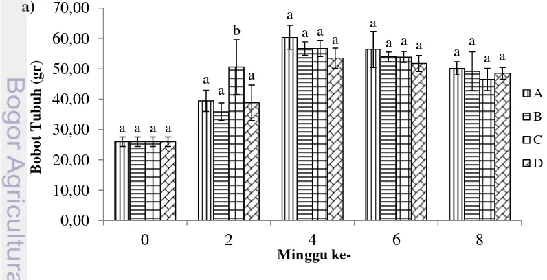 Gambar 2. Kelangsungan hidup ikan patin siam stadia juvenil (A: kontrol negatif;  B: ECJ 37,5 mg kg ikan-1 hari-1; C: ECJ 187,5 mg kg ikan-1 hari-1; D: 17α-metiltestosteron 50 µg kg ikan-1 minggu-1) dan calon induk (E: kontrol negatif; F: ECJ 37,5 mg kg ikan-1 hari-1; G: ECJ 187,5 mg kg ikan-1 hari-1; H: 17α-metiltestosteron 50 µg kg ikan-1 minggu-1) dengan perlakuan ekstrak cabe jawa melalui pakan   