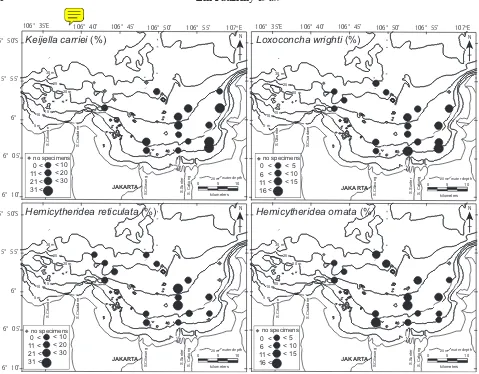 Figure 7.Distribution of frequency (%) of dominant species in Jakarta Bay: cytheridea reticulata Keijella carriei Dewi, Loxoconcha wrighti Dewi, Hemi-Kingma, and Hemicytheridea ornata Mostafawi.