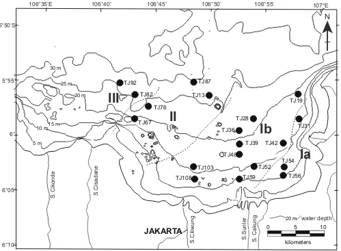 Figure 9.Distribution of biofacies (II, III) and sub-biofacies (Ia, Ib) in Jakarta Bay based on Q-mode cluster analysis.
