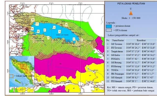 Gambar 3. Peta lokasi penelitian dan pengambilan sampel air di Danau Laut Tawar Sumber peta : Kemenhut (2014) 