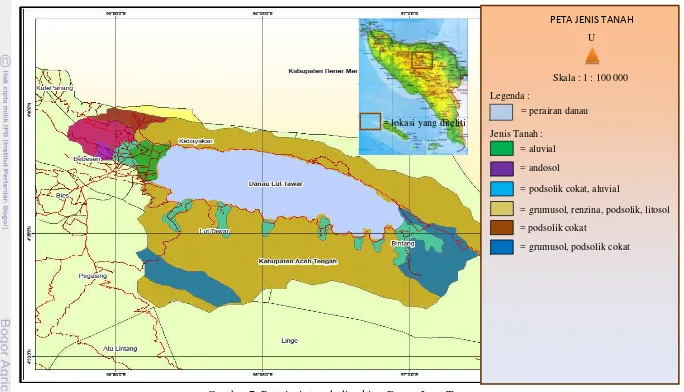 Gambar 7  Peta jenis tanah di sekitar Danau Laut Tawar  Sumber peta : BLHKP Kab. Aceh Tengah (2014) 